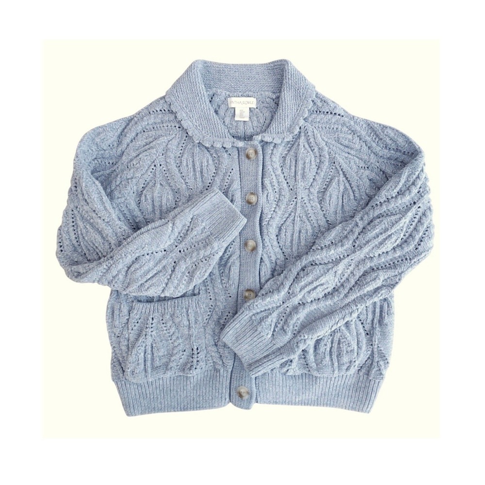 NWOT Cynthia Rowley Cable Knit Cardigan Small Grey Blue Chenille Ruffle Collar